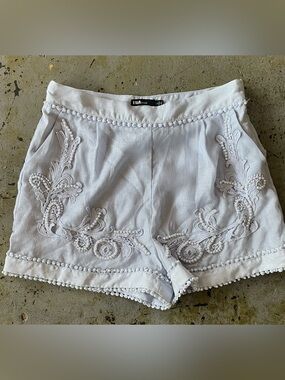 Ina Ice Blue Embroidered High-Waist Shorts with Pearl Detail Size Large